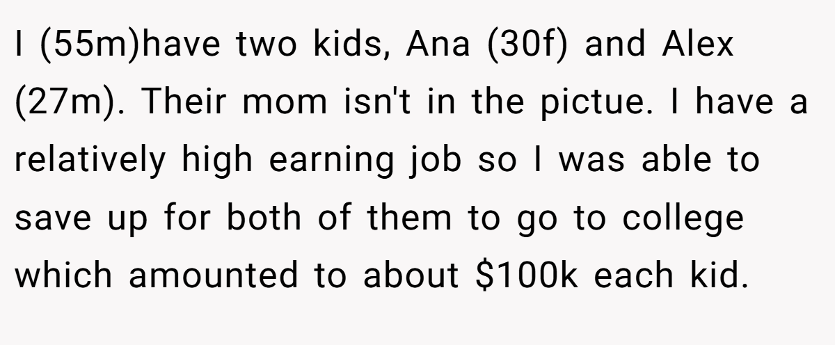 I (55m)have two kids, Ana (30f) and Alex (27m). Their mom isn't in the pictue. I have a relatively high earning job so I was able to save up for both of them to go to college which amounted to about $100k each kid.
