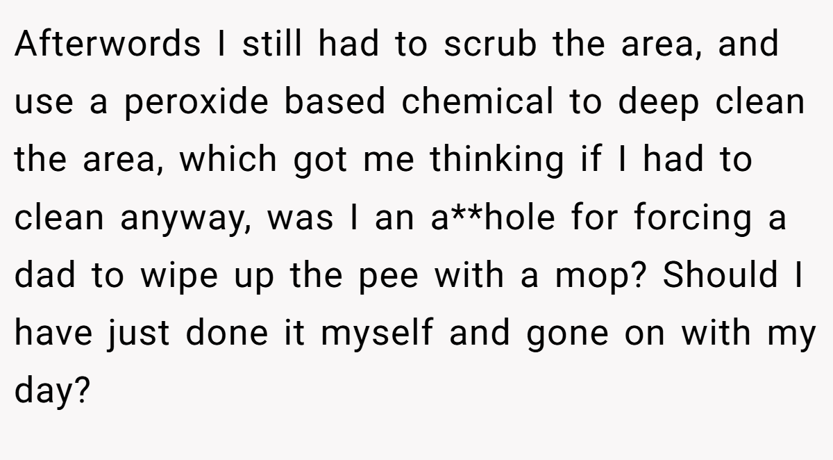 Afterwords I still had to scrub the area, and use a peroxide based chemical to deep clean the area, which got me thinking if I had to clean anyway, was I an a**hole for forcing a dad to wipe up the pee with a mop? Should I have just done it myself and gone on with my day?
