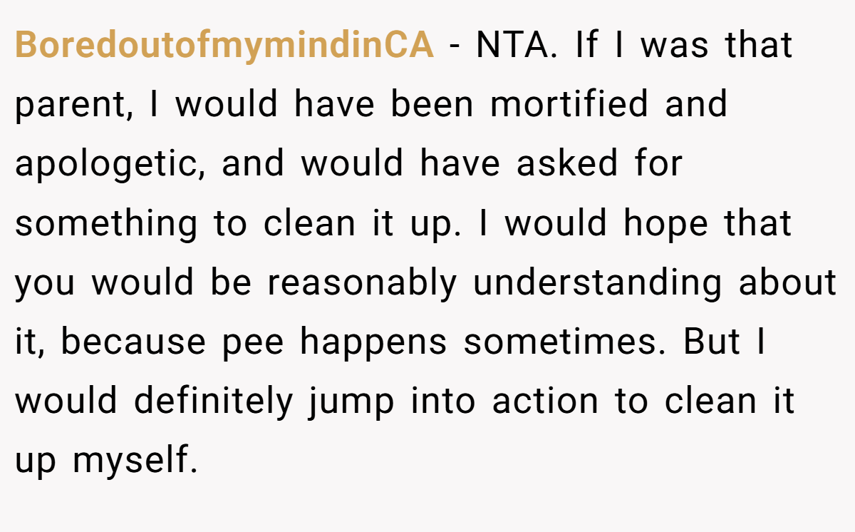 BoredoutofmymindinCA - NTA. If I was that parent, I would have been mortified and apologetic, and would have asked for something to clean it up. I would hope that you would be reasonably understanding about it, because pee happens sometimes. But I would definitely jump into action to clean it up myself.