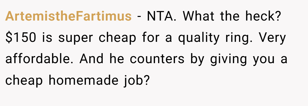 ArtemistheFartimus − NTA. What the heck? $150 is super cheap for a quality ring. Very affordable. And he counters by giving you a cheap homemade job?