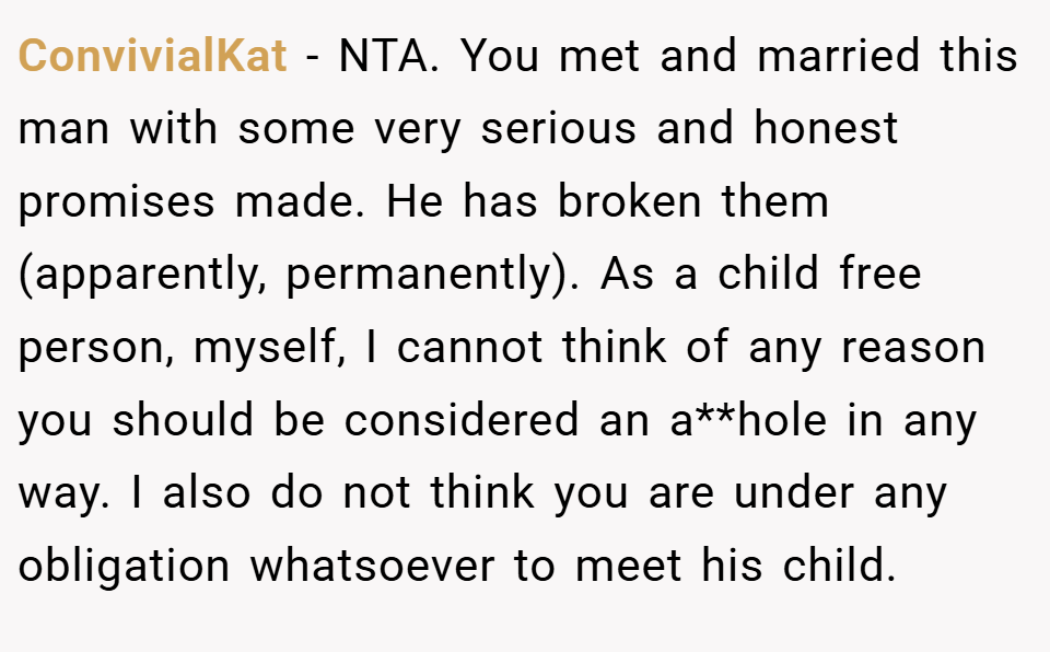 ConvivialKat − NTA. You met and married this man with some very serious and honest promises made. He has broken them (apparently, permanently). As a child free person, myself, I cannot think of any reason you should be considered an a**hole in any way. I also do not think you are under any obligation whatsoever to meet his child.