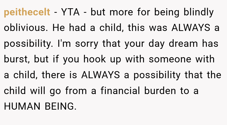 peithecelt − YTA - but more for being blindly oblivious. He had a child, this was ALWAYS a possibility. I'm sorry that your day dream has burst, but if you hook up with someone with a child, there is ALWAYS a possibility that the child will go from a financial burden to a HUMAN BEING.