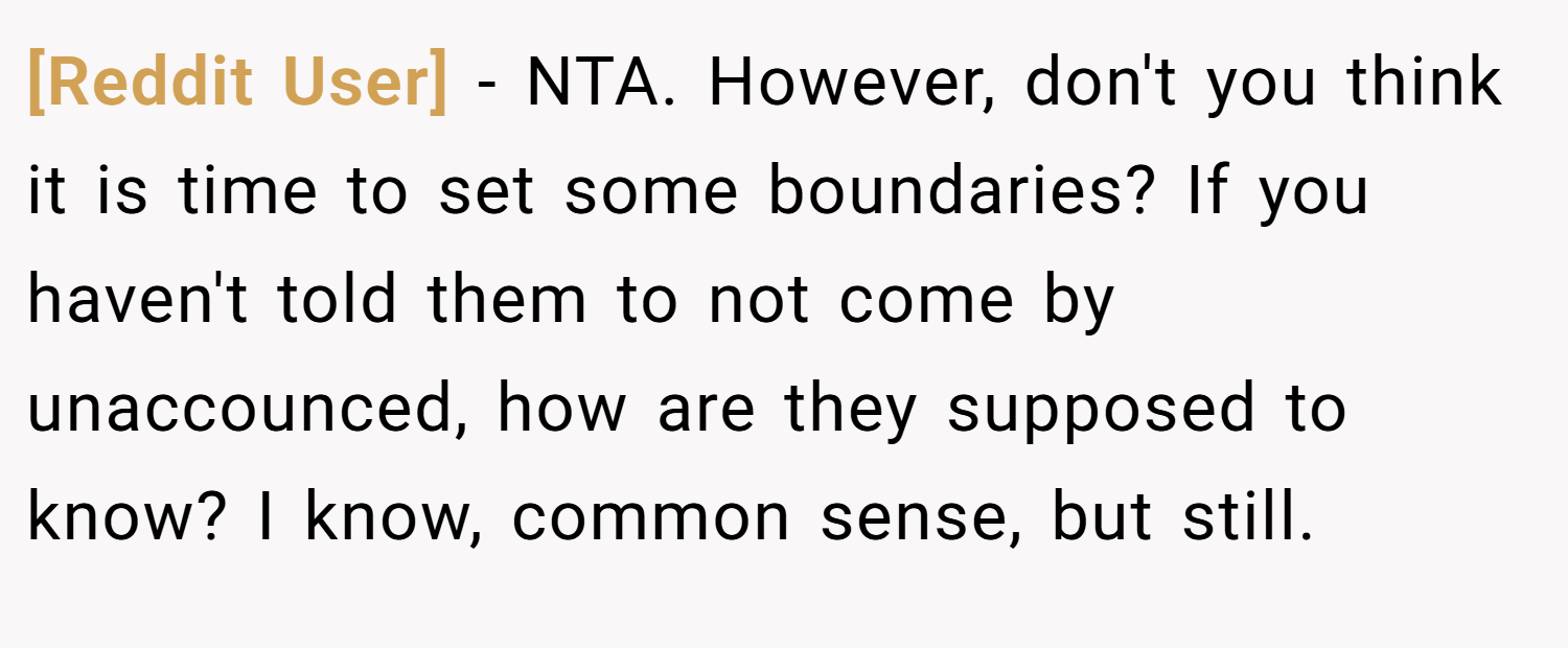 [Reddit User] − NTA. However, don't you think it is time to set some boundaries? If you haven't told them to not come by unaccounced, how are they supposed to know? I know, common sense, but still.