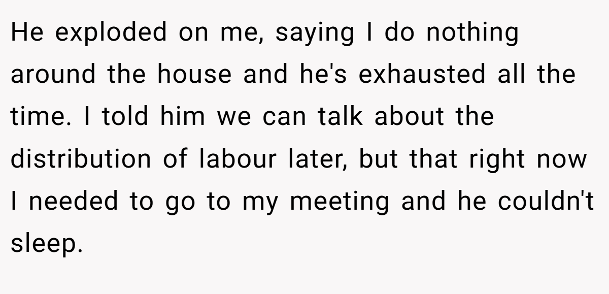 He exploded on me, saying I do nothing around the house and he's exhausted all the time. I told him we can talk about the distribution of labour later, but that right now I needed to go to my meeting and he couldn't sleep.