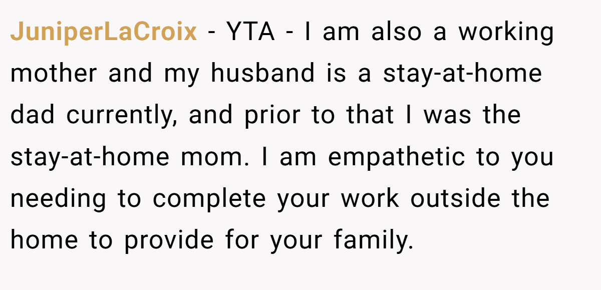 JuniperLaCroix - YTA - I am also a working mother and my husband is a stay-at-home dad currently, and prior to that I was the stay-at-home mom. I am empathetic to you needing to complete your work outside the home to provide for your family.