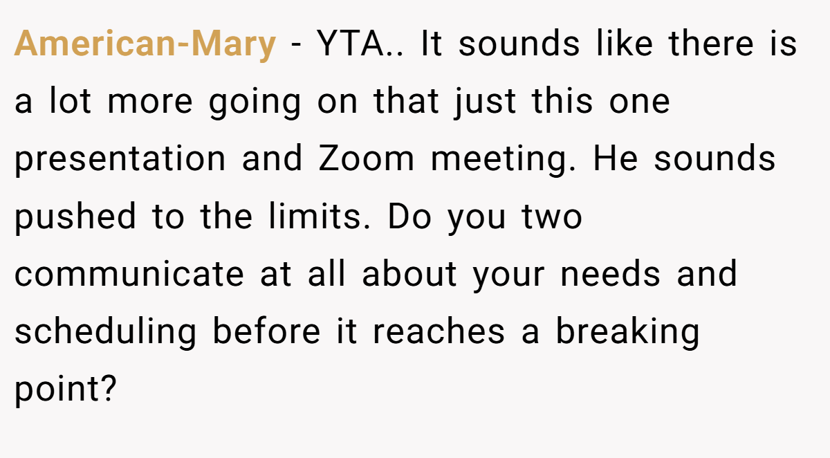 American-Mary - YTA.. It sounds like there is a lot more going on that just this one presentation and Zoom meeting. He sounds pushed to the limits. Do you two communicate at all about your needs and scheduling before it reaches a breaking point?