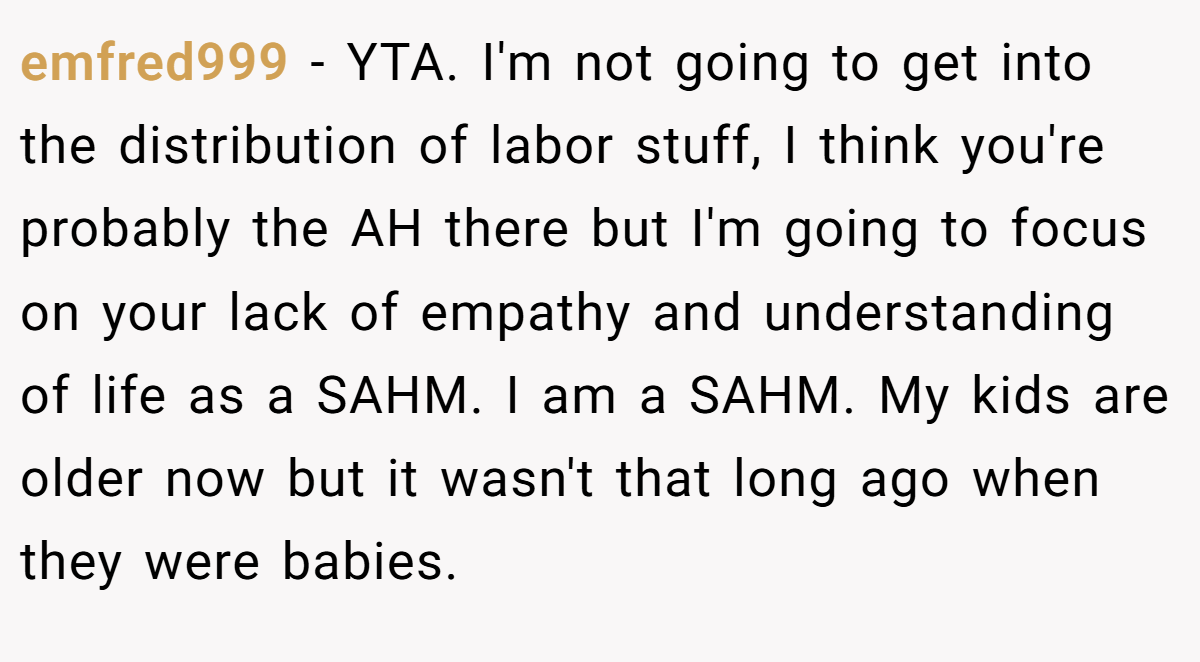 emfred999 - YTA. I'm not going to get into the distribution of labor stuff, I think you're probably the AH there but I'm going to focus on your lack of empathy and understanding of life as a SAHM. I am a SAHM. My kids are older now but it wasn't that long ago when they were babies.