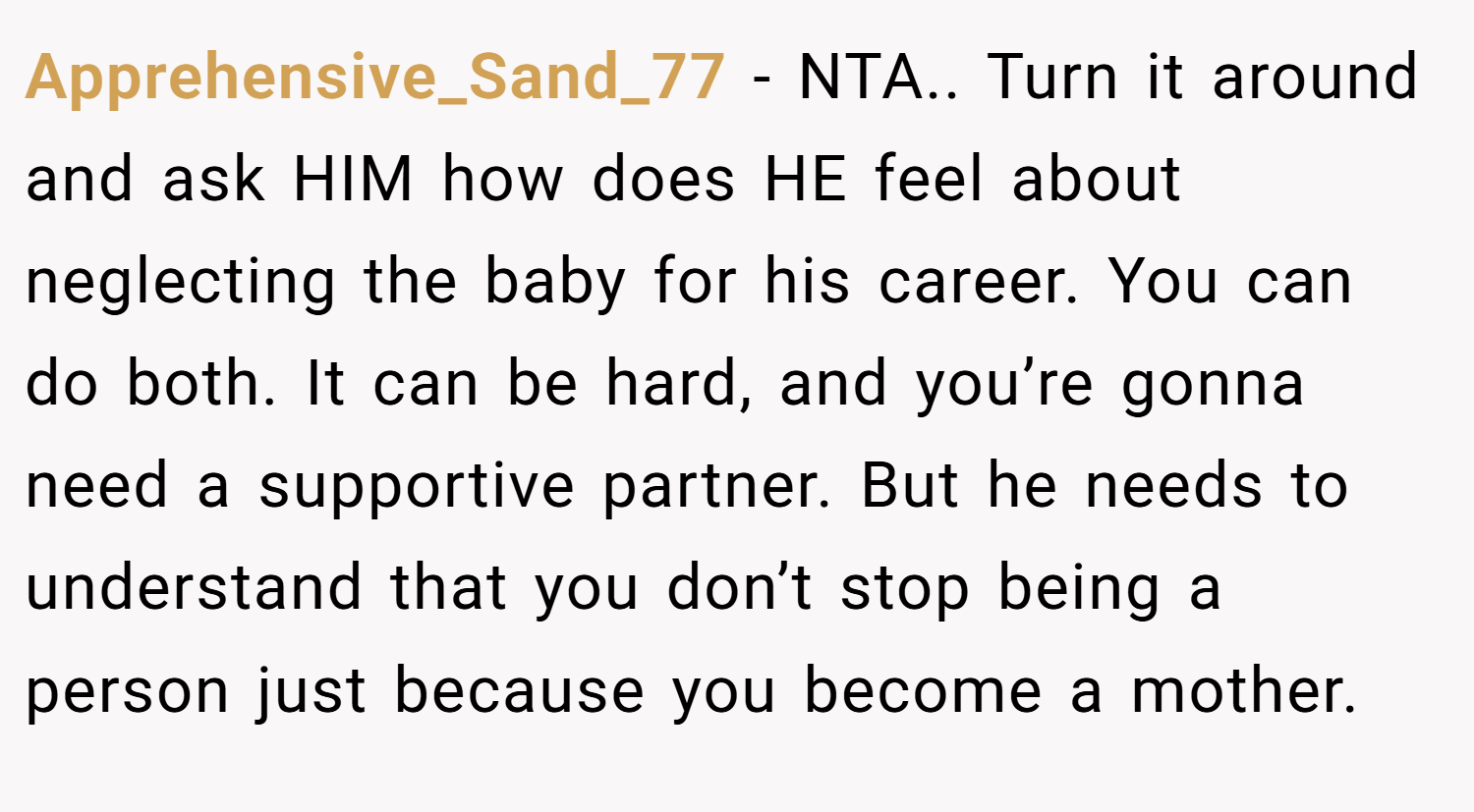 Apprehensive_Sand_77 − NTA.. Turn it around and ask HIM how does HE feel about neglecting the baby for his career. You can do both. It can be hard, and you’re gonna need a supportive partner. But he needs to understand that you don’t stop being a person just because you become a mother.