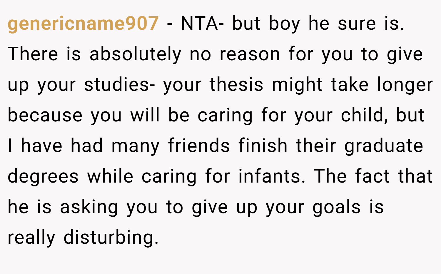 genericname907 − NTA- but boy he sure is. There is absolutely no reason for you to give up your studies- your thesis might take longer because you will be caring for your child, but I have had many friends finish their graduate degrees while caring for infants. The fact that he is asking you to give up your goals is really disturbing.