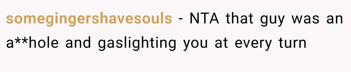 somegingershavesouls - NTA that guy was an a**hole and gaslighting you at every turn