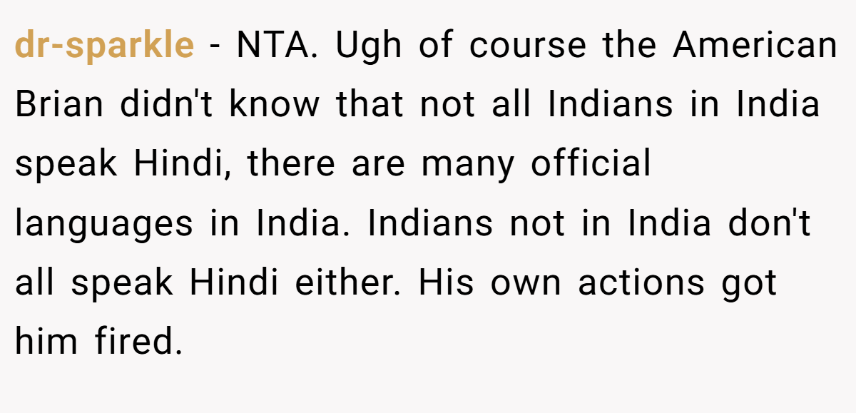 dr-sparkle - NTA. Ugh of course the American Brian didn't know that not all Indians in India speak Hindi, there are many official languages in India. Indians not in India don't all speak Hindi either. His own actions got him fired.
