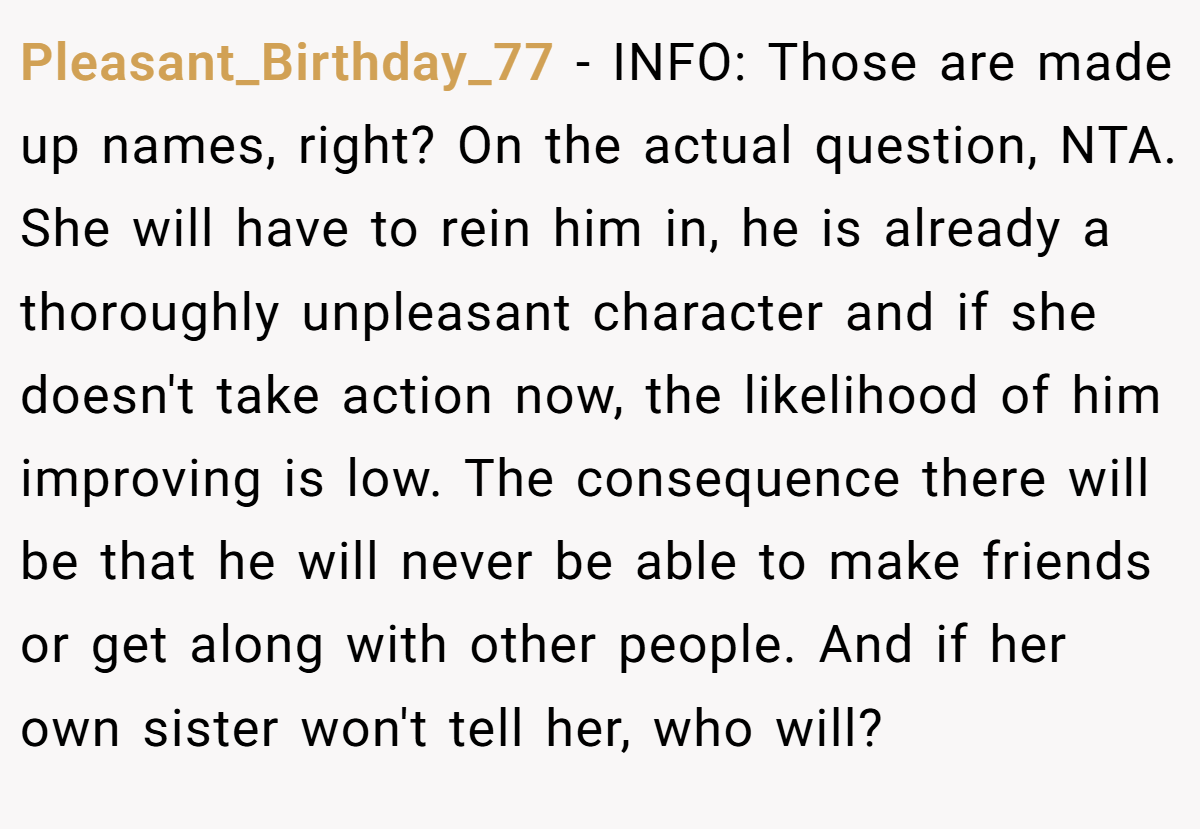 Pleasant_Birthday_77 − INFO: Those are made up names, right? On the actual question, NTA. She will have to rein him in, he is already a thoroughly unpleasant character and if she doesn't take action now, the likelihood of him improving is low. The consequence there will be that he will never be able to make friends or get along with other people. And if her own sister won't tell her, who will?