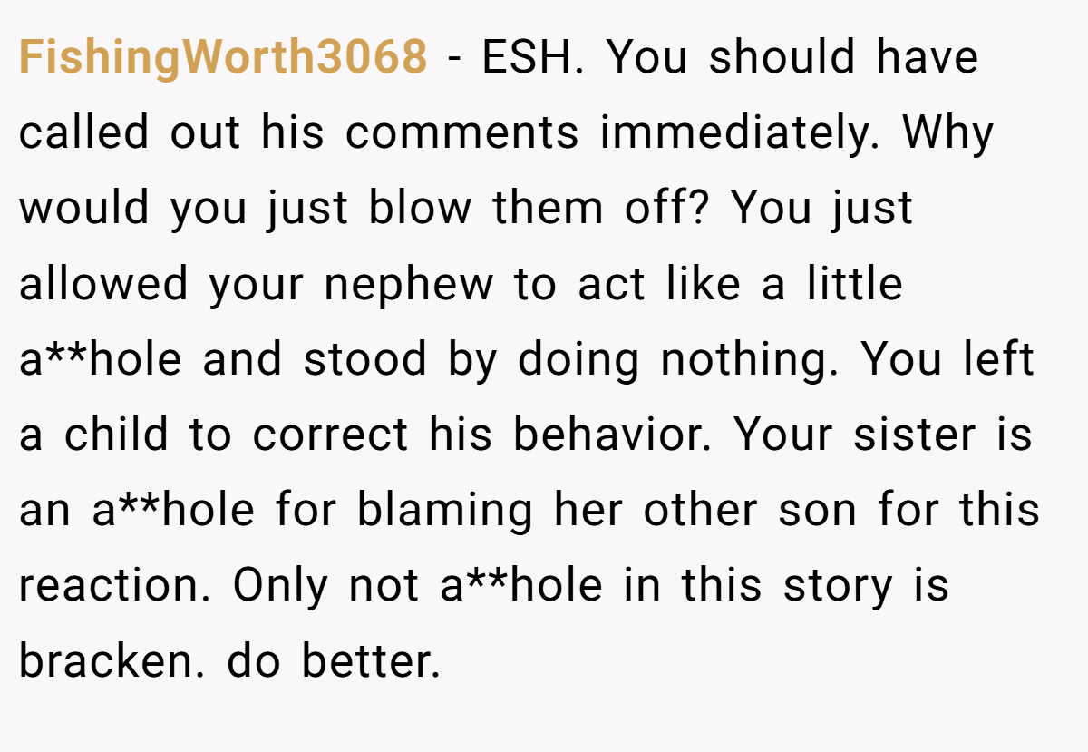 FishingWorth3068 − ESH. You should have called out his comments immediately. Why would you just blow them off? You just allowed your nephew to act like a little a**hole and stood by doing nothing. You left a child to correct his behavior. Your sister is an a**hole for blaming her other son for this reaction. Only not a**hole in this story is bracken. do better.