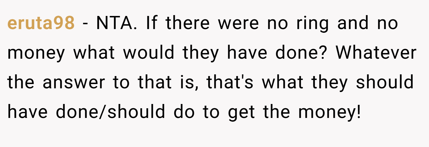eruta98 − NTA. If there were no ring and no money what would they have done? Whatever the answer to that is, that's what they should have done/should do to get the money!