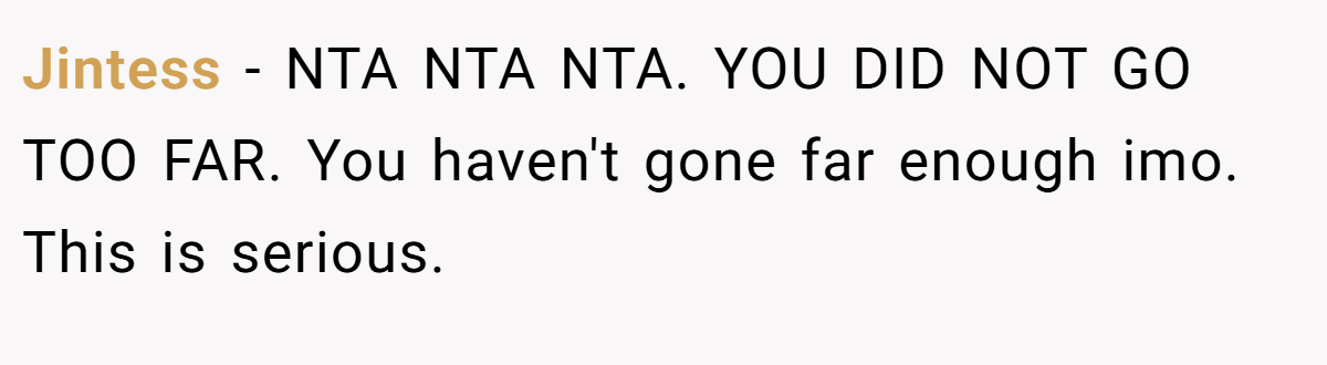 Jintess - NTA NTA NTA. YOU DID NOT GO TOO FAR. You haven't gone far enough imo. This is serious.