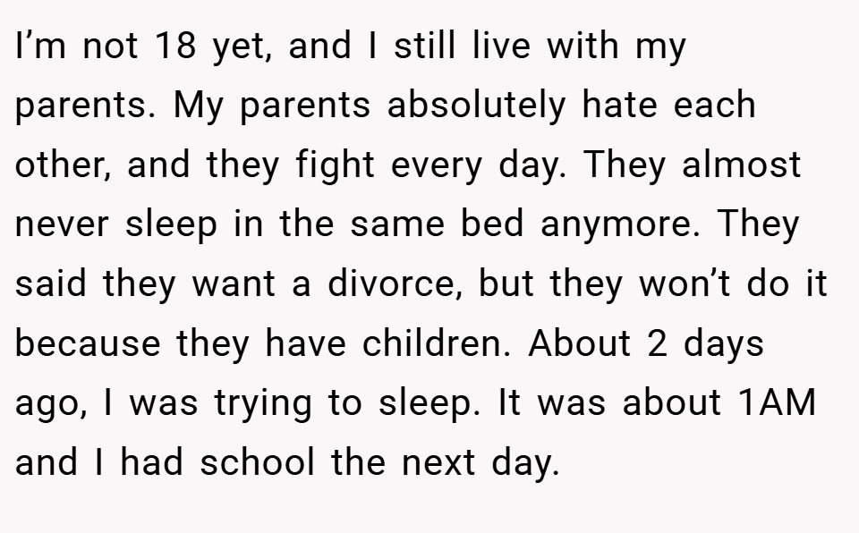 I’m not 18 yet, and I still live with my parents. My parents absolutely hate each other, and they fight every day. They almost never sleep in the same bed anymore. They said they want a divorce, but they won’t do it because they have children. About 2 days ago, I was trying to sleep. It was about 1AM and I had school the next day.