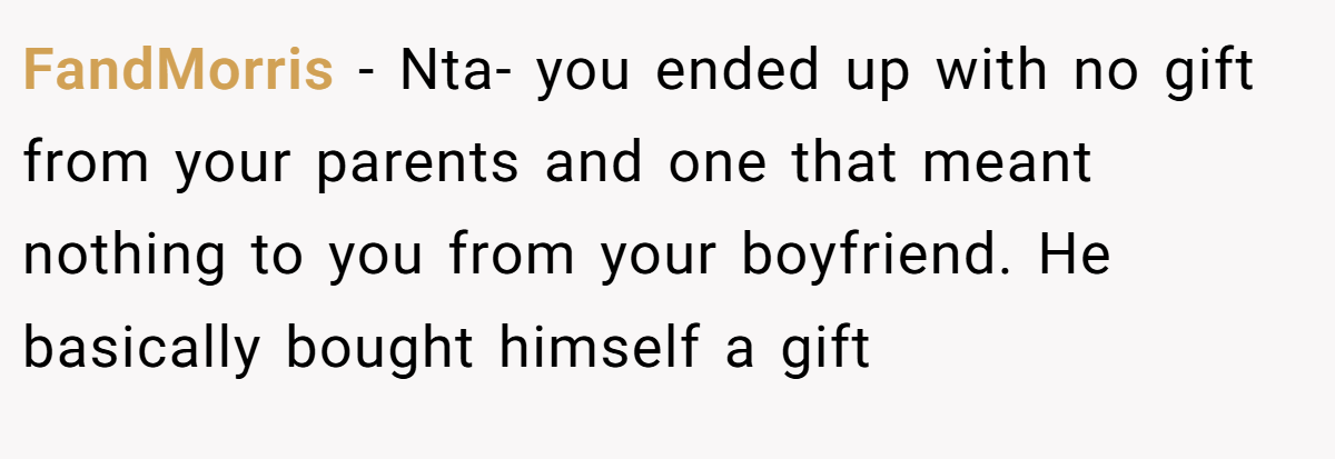 FandMorris − Nta- you ended up with no gift from your parents and one that meant nothing to you from your boyfriend. He basically bought himself a gift