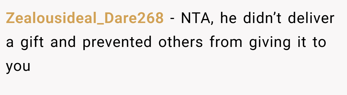Zealousideal_Dare268 − NTA, he didn’t deliver a gift and prevented others from giving it to you