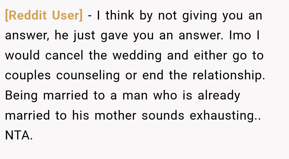 [Reddit User] − I think by not giving you an answer, he just gave you an answer. Imo I would cancel the wedding and either go to couples counseling or end the relationship. Being married to a man who is already married to his mother sounds exhausting.. NTA.