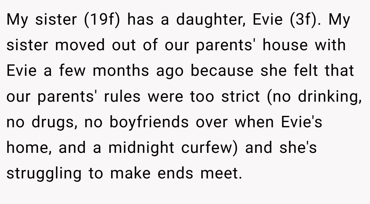 My sister (19f) has a daughter, Evie (3f). My sister moved out of our parents' house with Evie a few months ago because she felt that our parents' rules were too strict (no drinking, no drugs, no boyfriends over when Evie's home, and a midnight curfew) and she's struggling to make ends meet.