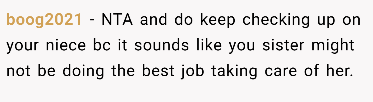 boog2021 − NTA and do keep checking up on your niece bc it sounds like you sister might not be doing the best job taking care of her.