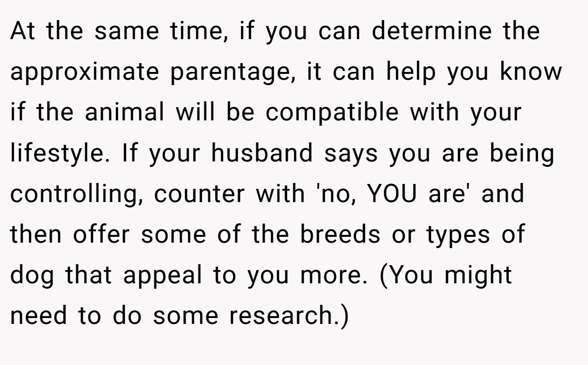 At the same time, if you can determine the approximate parentage, it can help you know if the animal will be compatible with your lifestyle. If your husband says you are being controlling, counter with 'no, YOU are' and then offer some of the breeds or types of dog that appeal to you more. (You might need to do some research.)
