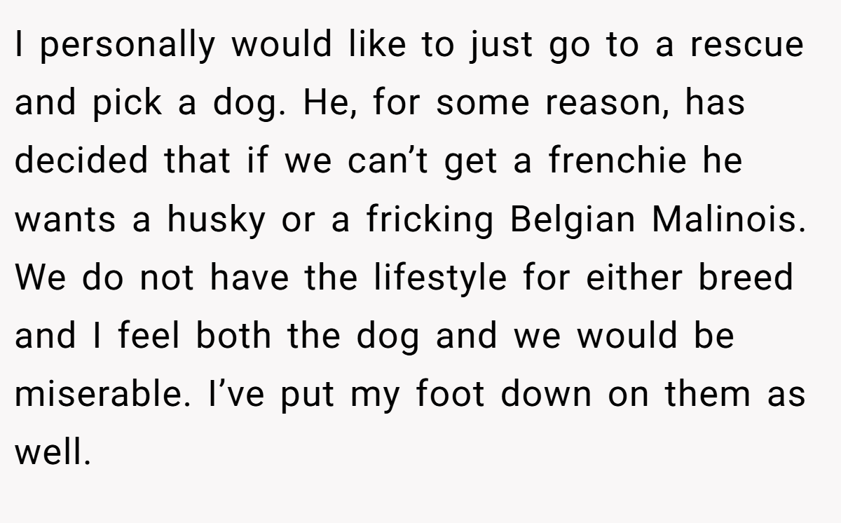 I personally would like to just go to a rescue and pick a dog. He, for some reason, has decided that if we can’t get a frenchie he wants a husky or a fricking Belgian Malinois. We do not have the lifestyle for either breed and I feel both the dog and we would be miserable. I’ve put my foot down on them as well.