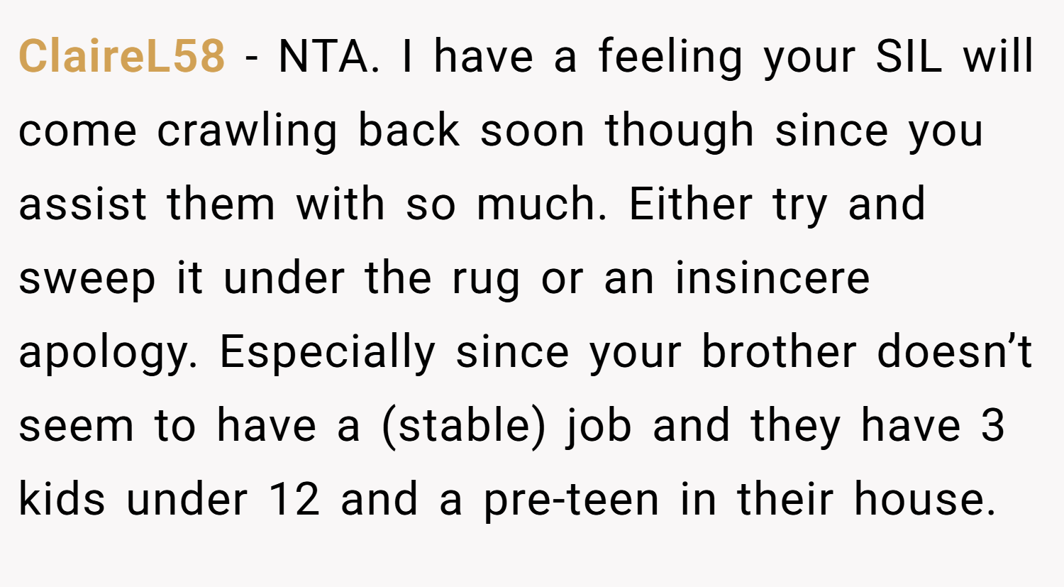 ClaireL58 − NTA. I have a feeling your SIL will come crawling back soon though since you assist them with so much. Either try and sweep it under the rug or an insincere apology. Especially since your brother doesn’t seem to have a (stable) job and they have 3 kids under 12 and a pre-teen in their house.
