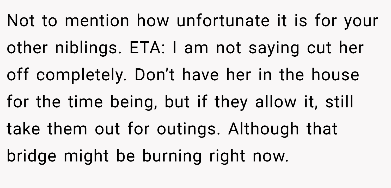 Not to mention how unfortunate it is for your other niblings. ETA: I am not saying cut her off completely. Don’t have her in the house for the time being, but if they allow it, still take them out for outings. Although that bridge might be burning right now.