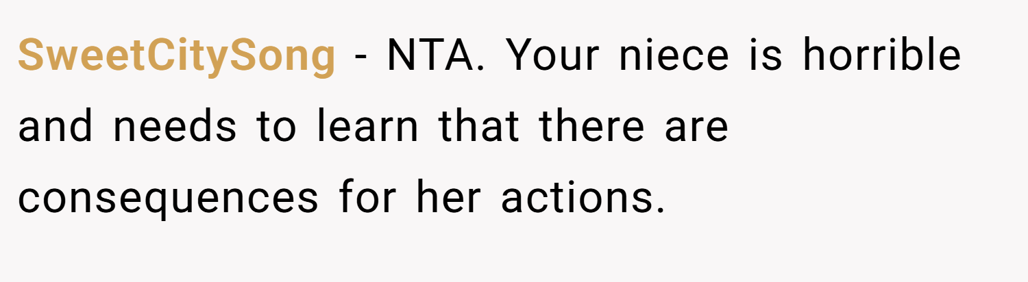 SweetCitySong − NTA. Your niece is horrible and needs to learn that there are consequences for her actions.