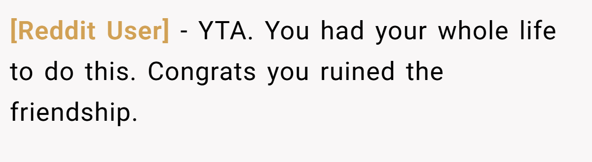 [Reddit User] − YTA. You had your whole life to do this. Congrats you ruined the friendship.