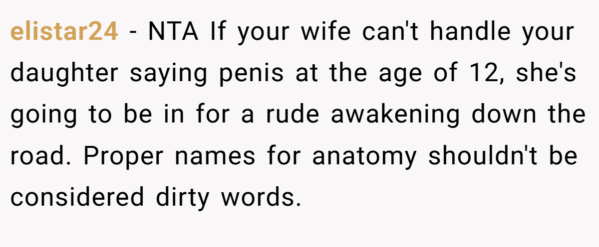 elistar24 − NTA If your wife can't handle your daughter saying penis at the age of 12, she's going to be in for a rude awakening down the road. Proper names for anatomy shouldn't be considered dirty words.