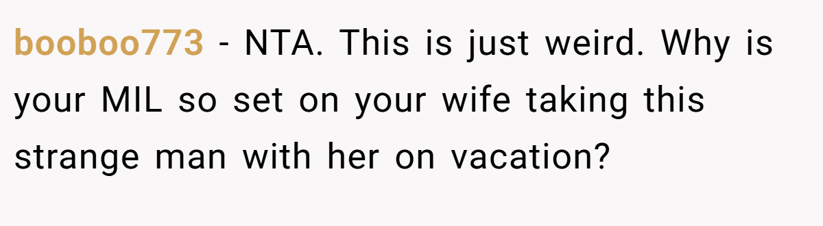 booboo773 − NTA. This is just weird. Why is your MIL so set on your wife taking this strange man with her on vacation?