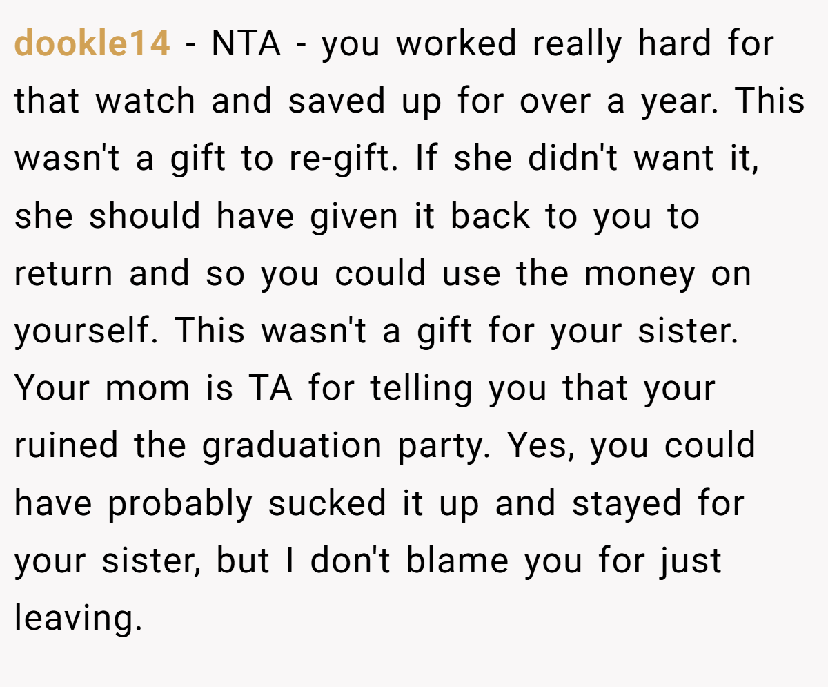 dookle14 − NTA - you worked really hard for that watch and saved up for over a year. This wasn't a gift to re-gift. If she didn't want it, she should have given it back to you to return and so you could use the money on yourself. This wasn't a gift for your sister. Your mom is TA for telling you that your ruined the graduation party. Yes, you could have probably sucked it up and stayed for your sister, but I don't blame you for just leaving.