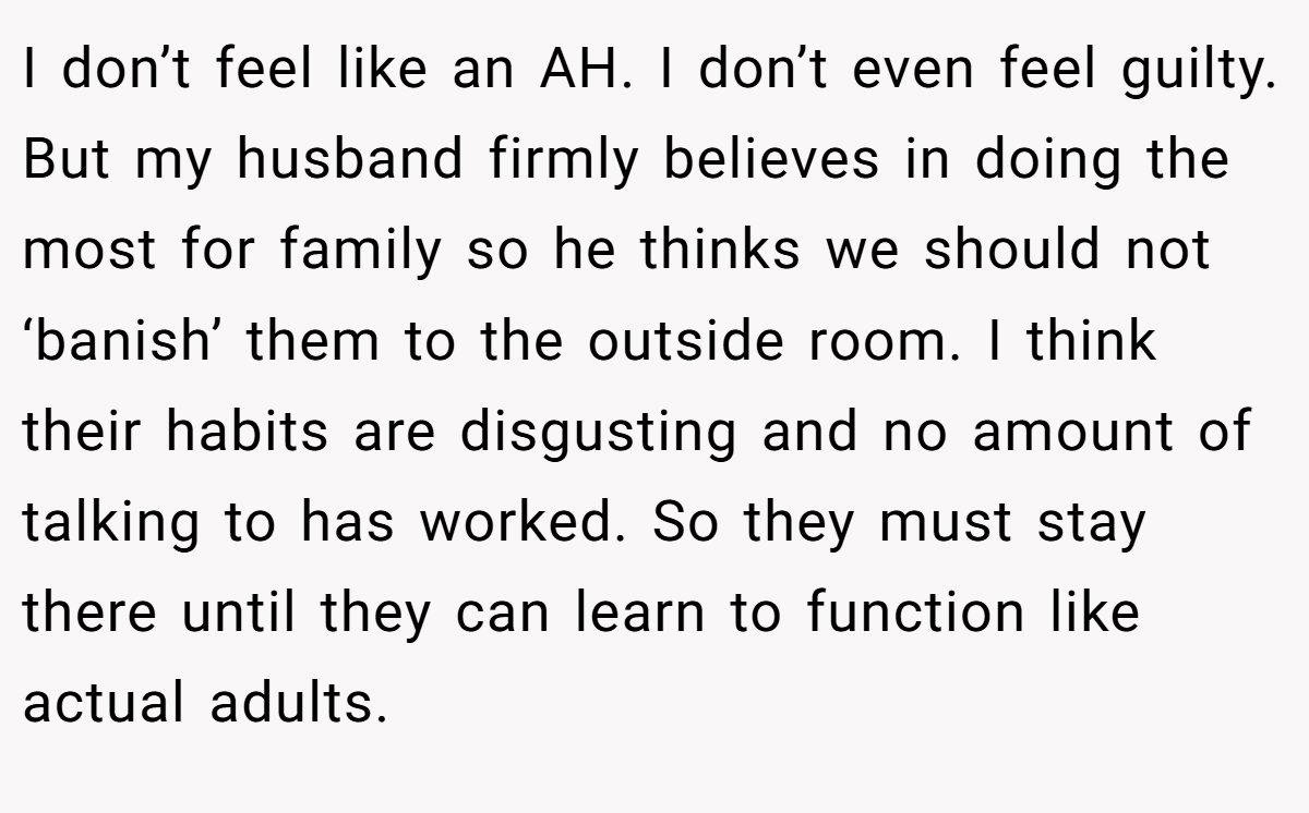I don’t feel like an AH. I don’t even feel guilty. But my husband firmly believes in doing the most for family so he thinks we should not ‘banish’ them to the outside room. I think their habits are disgusting and no amount of talking to has worked. So they must stay there until they can learn to function like actual adults.