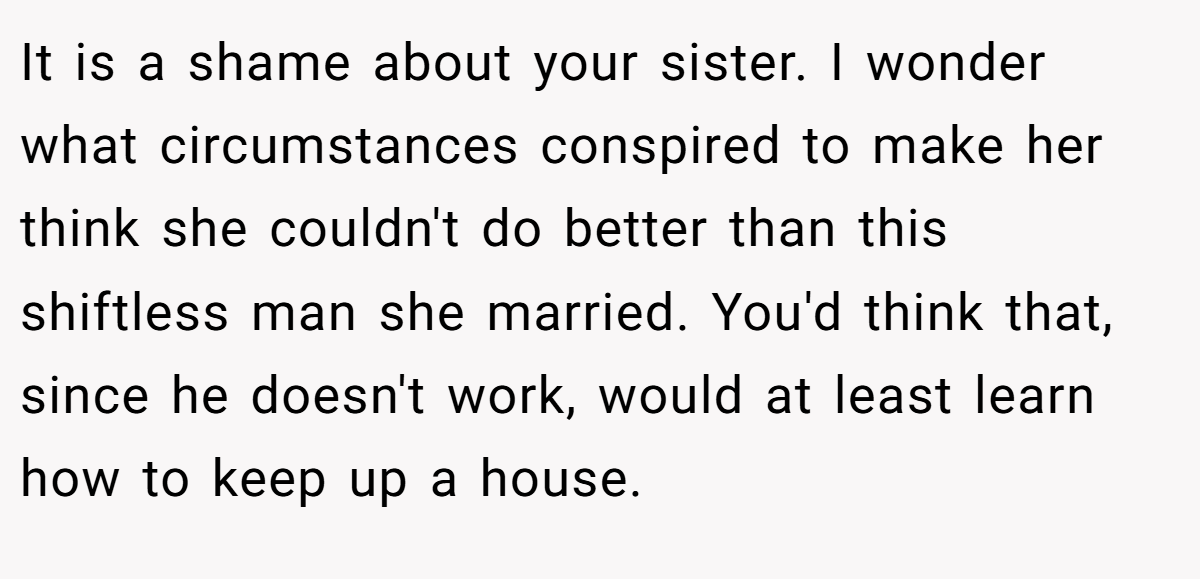 It is a shame about your sister. I wonder what circumstances conspired to make her think she couldn't do better than this shiftless man she married. You'd think that, since he doesn't work, would at least learn how to keep up a house.