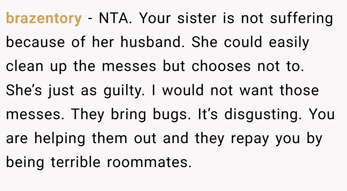 brazentory − NTA. Your sister is not suffering because of her husband. She could easily clean up the messes but chooses not to. She’s just as guilty. I would not want those messes. They bring bugs. It’s disgusting. You are helping them out and they repay you by being terrible roommates.