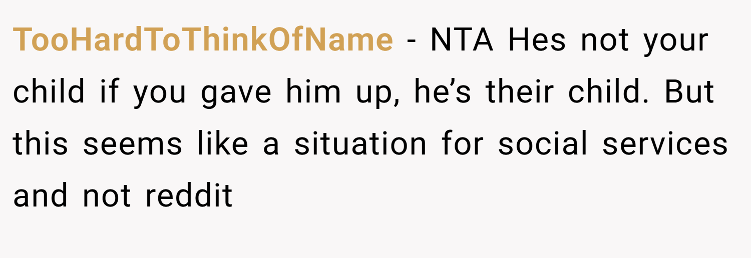 TooHardToThinkOfName − NTA Hes not your child if you gave him up, he’s their child. But this seems like a situation for social services and not reddit
