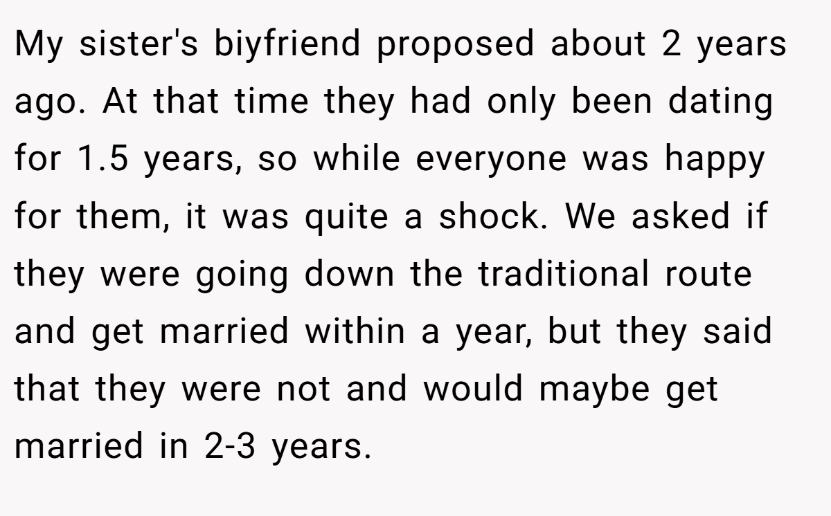 My sister's biyfriend proposed about 2 years ago. At that time they had only been dating for 1.5 years, so while everyone was happy for them, it was quite a shock. We asked if they were going down the traditional route and get married within a year, but they said that they were not and would maybe get married in 2-3 years.