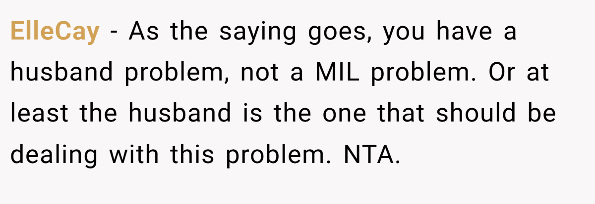 ElleCay − As the saying goes, you have a husband problem, not a MIL problem. Or at least the husband is the one that should be dealing with this problem. NTA.