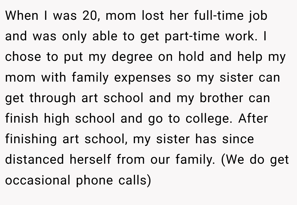 When I was 20, mom lost her full-time job and was only able to get part-time work. I chose to put my degree on hold and help my mom with family expenses so my sister can get through art school and my brother can finish high school and go to college. After finishing art school, my sister has since distanced herself from our family. (We do get occasional phone calls)