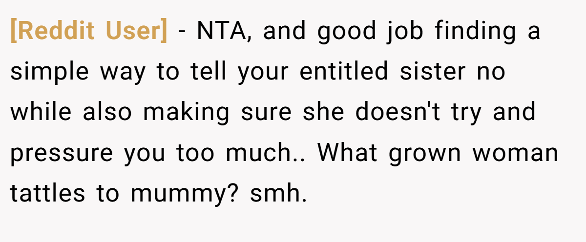 [Reddit User] − NTA, and good job finding a simple way to tell your entitled sister no while also making sure she doesn't try and pressure you too much.. What grown woman tattles to mummy? smh.