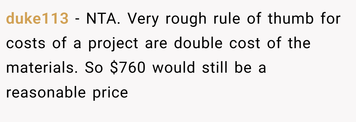 duke113 − NTA. Very rough rule of thumb for costs of a project are double cost of the materials. So $760 would still be a reasonable price