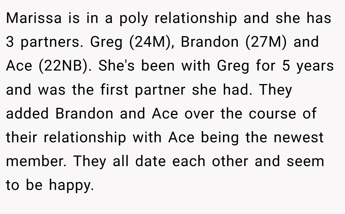 Marissa is in a poly relationship and she has 3 partners. Greg (24M), Brandon (27M) and Ace (22NB). She's been with Greg for 5 years and was the first partner she had. They added Brandon and Ace over the course of their relationship with Ace being the newest member. They all date each other and seem to be happy.