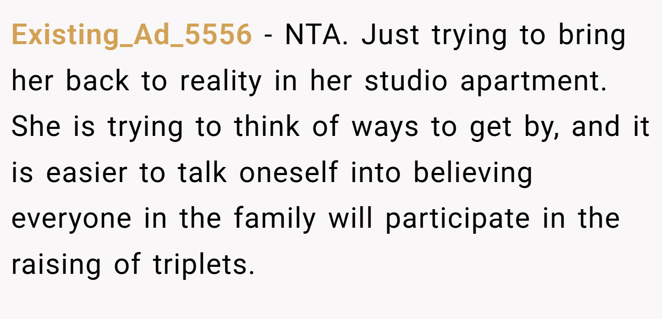 Existing_Ad_5556 - NTA. Just trying to bring her back to reality in her studio apartment. She is trying to think of ways to get by, and it is easier to talk oneself into believing everyone in the family will participate in the raising of triplets.