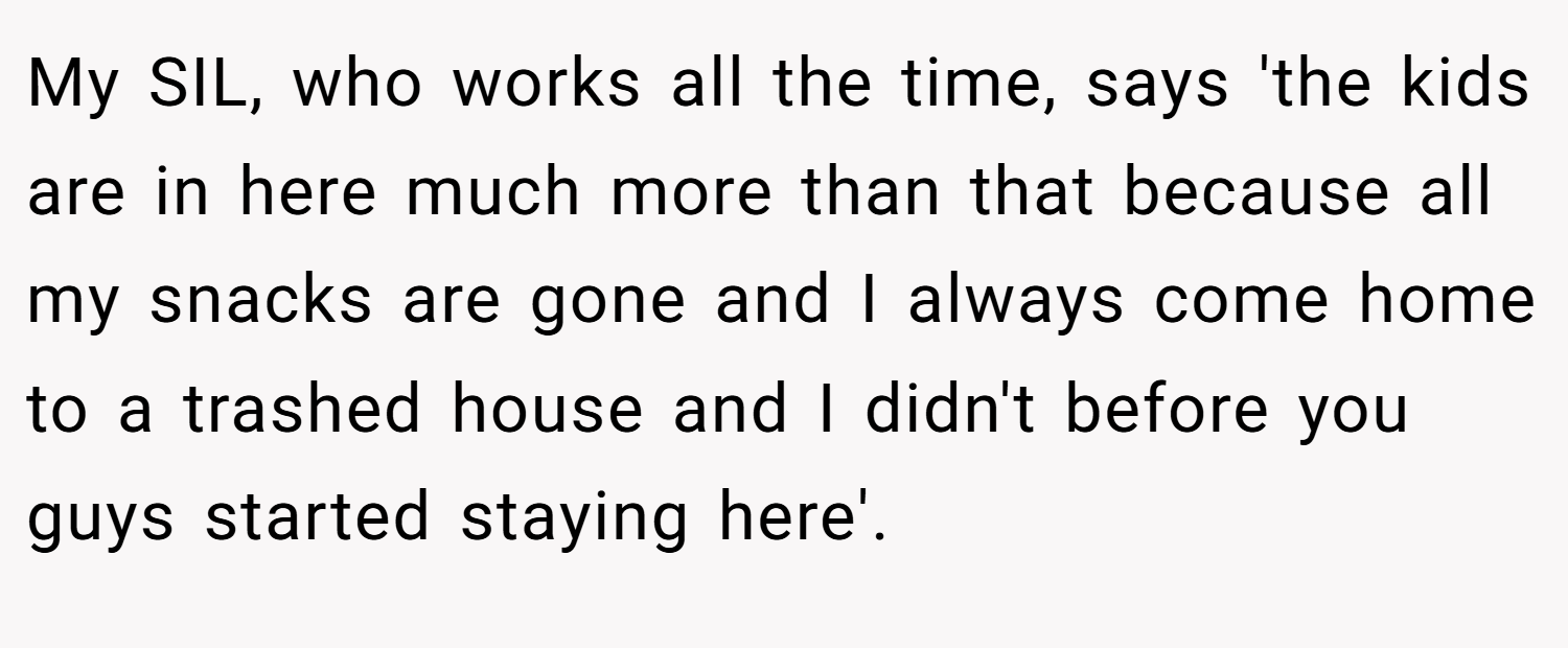My SIL, who works all the time, says 'the kids are in here much more than that because all my snacks are gone and I always come home to a trashed house and I didn't before you guys started staying here'.