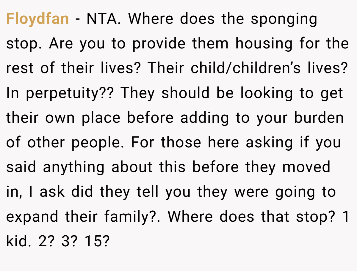 Floydfan − NTA. Where does the sponging stop. Are you to provide them housing for the rest of their lives? Their child/children’s lives? In perpetuity?? They should be looking to get their own place before adding to your burden of other people. For those here asking if you said anything about this before they moved in, I ask did they tell you they were going to expand their family?. Where does that stop? 1 kid. 2? 3? 15?