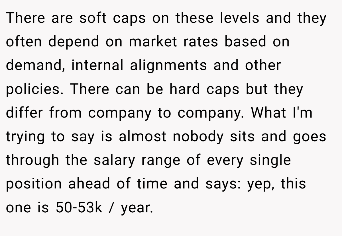 There are soft caps on these levels and they often depend on market rates based on demand, internal alignments and other policies. There can be hard caps but they differ from company to company. What I'm trying to say is almost nobody sits and goes through the salary range of every single position ahead of time and says: yep, this one is 50-53k / year.