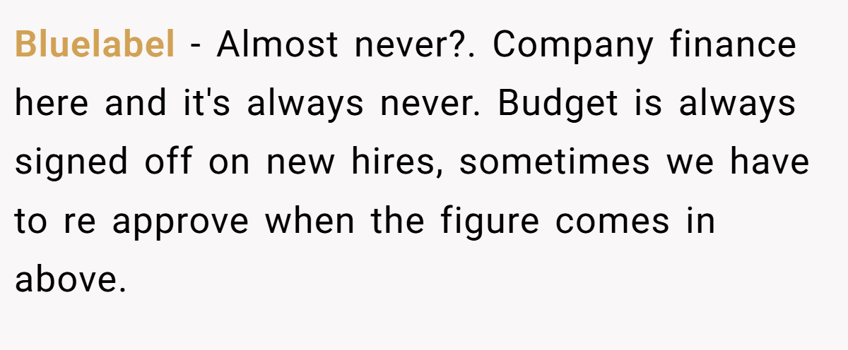 Bluelabel − Almost never?. Company finance here and it's always never. Budget is always signed off on new hires, sometimes we have to re approve when the figure comes in above.
