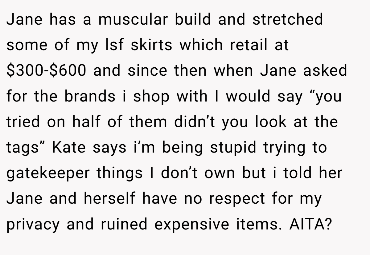 Jane has a muscular build and stretched some of my lsf skirts which retail at $300-$600 and since then when Jane asked for the brands i shop with I would say “you tried on half of them didn’t you look at the tags” Kate says i’m being stupid trying to gatekeeper things I don’t own but i told her Jane and herself have no respect for my privacy and ruined expensive items. AITA?
